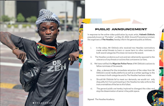 Portable Apologizes for threatening Headies Co-nominees after he got strong Wanning from Headies