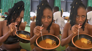 No wonder them divorce you – Fans blast Dancer Korra Obidi for eating fufu and soup with straw [video]